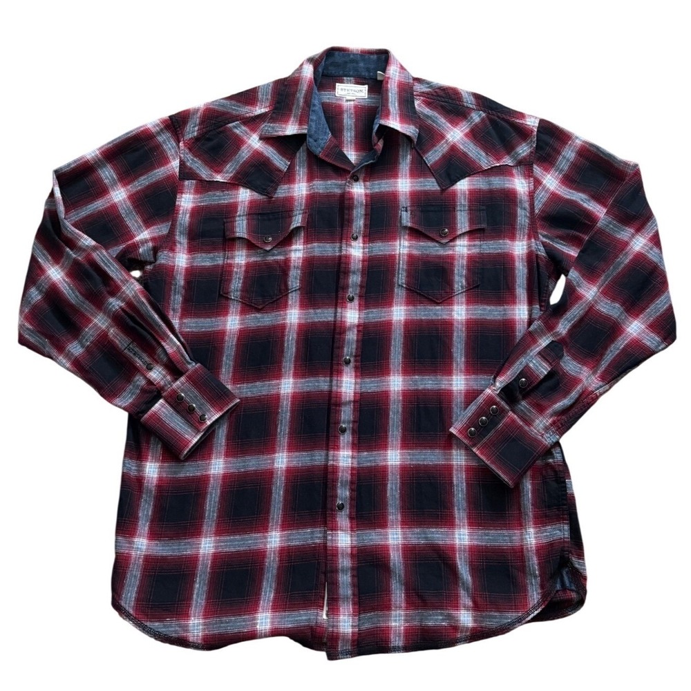 Stetson Mens Red Plaid Flannel Western Pearl Snap‎ Shirt L Coastal Cowboy zz41